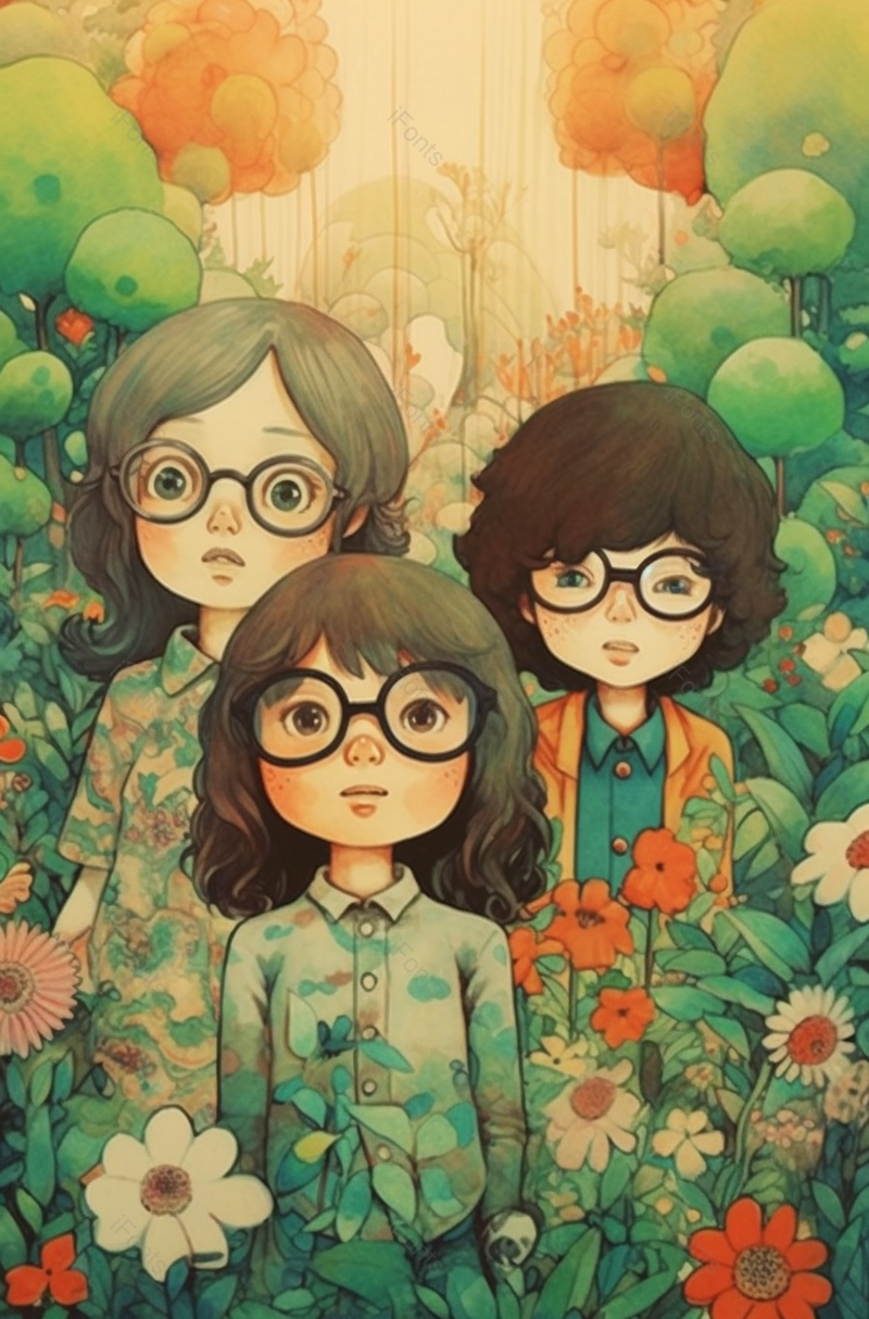 三个人丛林花开春天夏天儿童节节日周末户外郊游草坪草地绿色插画,插画/手绘图,插画/手绘图库,插画/手绘图下载,插画/手绘